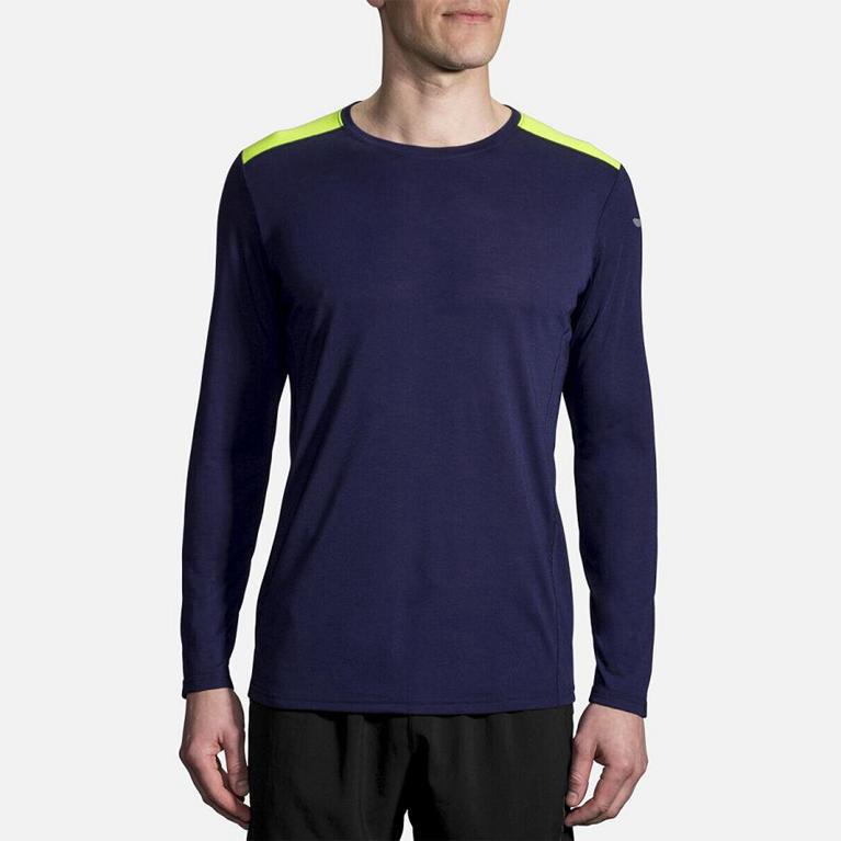 Brooks Men's DISTANCE Long Sleeve Running Shirt - Blue - Canada (OBHCA-5489)